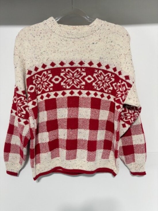 Cabin Creek Sweaters - Cabin Creek M USA 100% Cotton Fair Isle Buffalo Plaid Sweater Red Cream Vintage